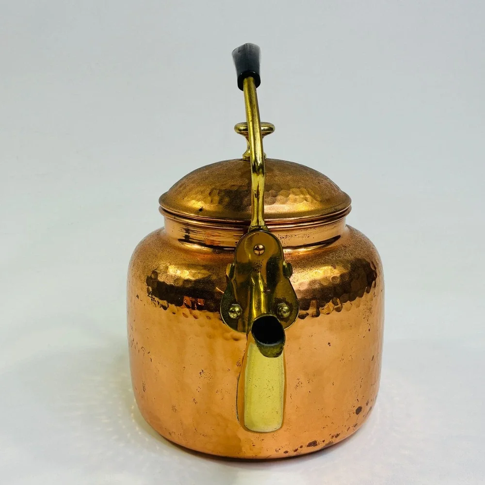 Hammered India Pure Copper Tea Kettle and 2 Moscow Mule Mugs Set Brass Handles